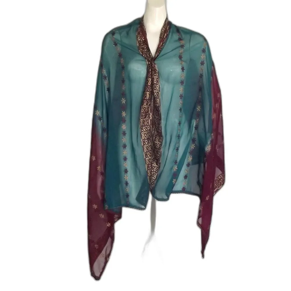 Large Scarf/Wrap, 74x34, Teal/Berry, Embroidered, Lightweight, Cover-up - Picture 5 of 7